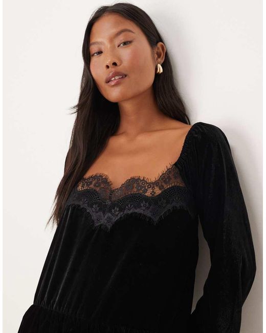 ASOS Black Asos Design Petite Long Sleeve Sweetheart Neckline Velvet Mini Dress