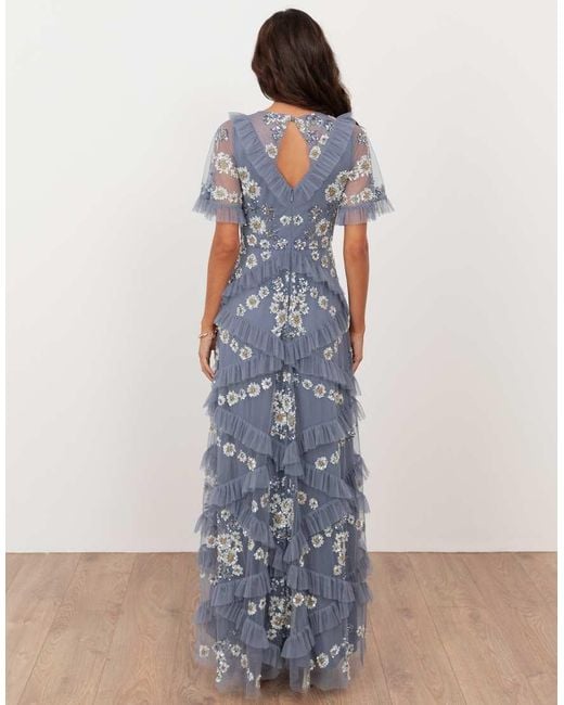 Maya White Embellished Angel Sleeve Ruffle Maxi Dress