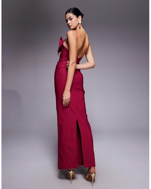 Vesper Red Cami Strap Bodycon Maxi Dress With Bow