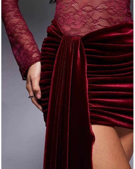 Wanderdoll Red Sasha Lace High Neck Velvet Drape Detail Mini Dress