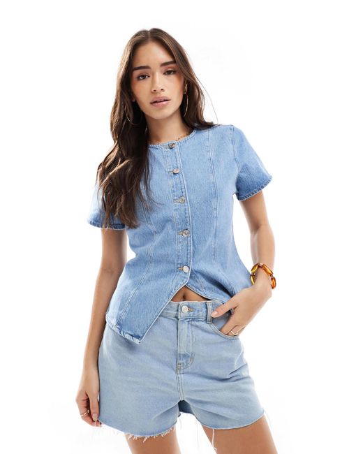 ASOS Blue Denim Button Up Short Sleeve Top