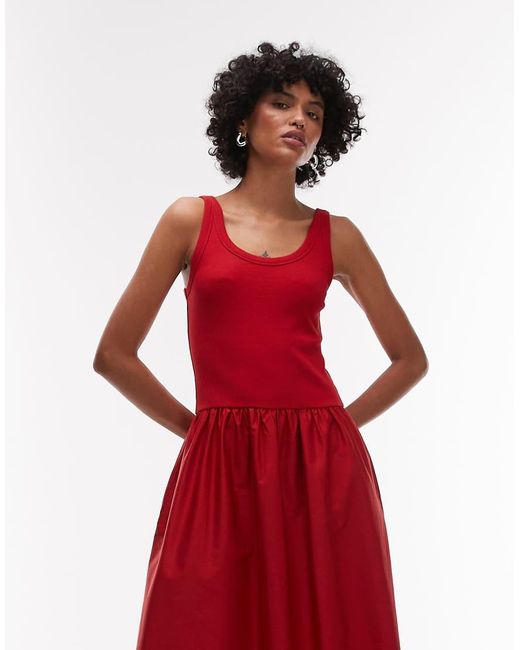 & Other Stories Red Mixed Jersey And Woven Maxi Dress With Volume Hem