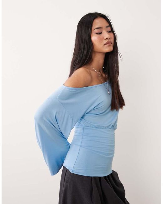 ASOS Blue Fallen Shoulder Cinched Waist Top