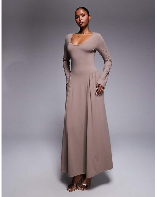 ASOS Brown Scoop Neck Long Sleeve Drop Waist Midi Dress
