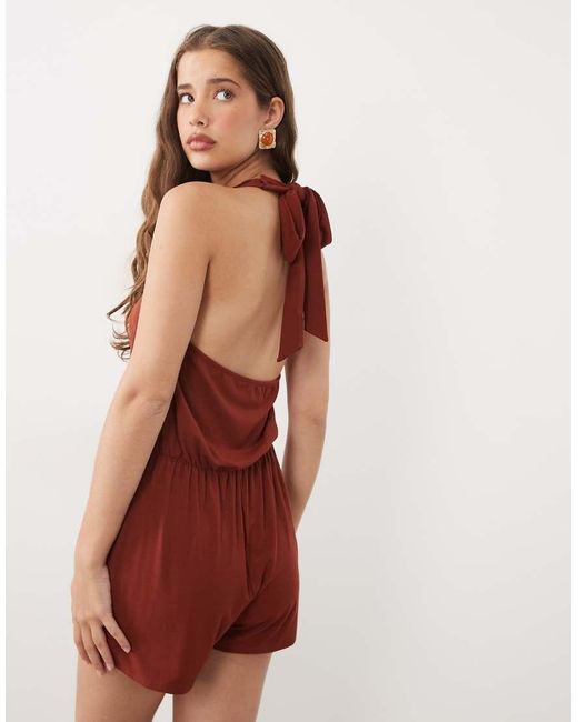 Miss Selfridge Red Wrap Playsuit With Scallop Lace Trim