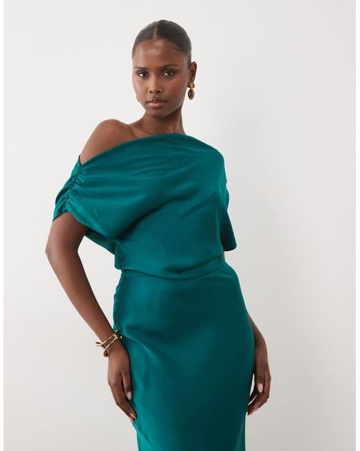 ASOS Green One Shoulder Asymmetric Satin Maxi Dress