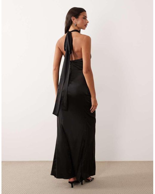 TFNC London Black Satin Halter Neck Pleat Detail Maxi Dress