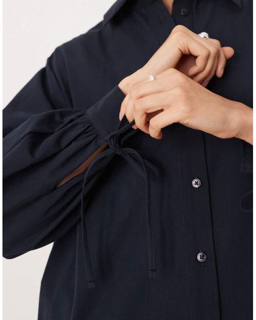 ASOS Blue Long Sleeved Tie Detail Maxi Shirt Dress