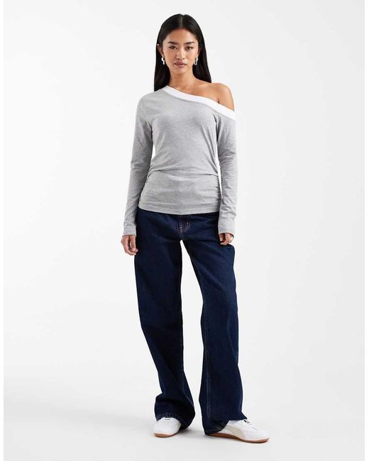 ASOS Gray Off Shoulder Double Layer Long Sleeve Top