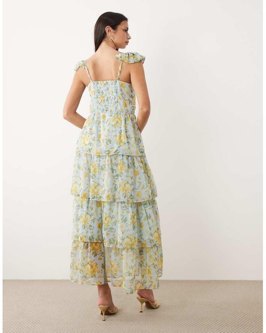 Y.A.S Green Flutter Sleeve Tiered Chiffon Maxi Dress