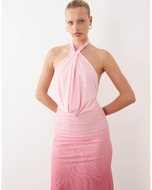 Murci Pink Mesh Twist Halterneck Extreme Cowl Drape Thigh Split Maxi Dress