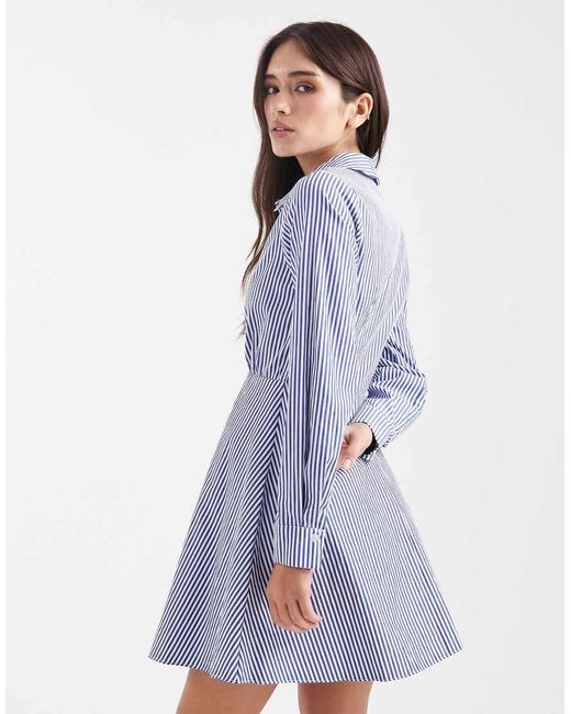 New Look Blue Striped Skater Shirt Mini Dress