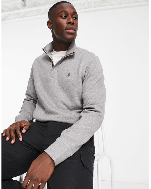 Polo Ralph Lauren Icon Logo Double Knit Suedette Trim Half Zip Sweatshirt  in Gray for Men | Lyst