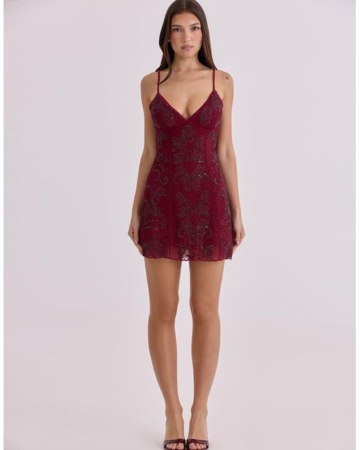 House Of Cb Red Catarina Wine Hand-Beaded Embellished Mini Dress