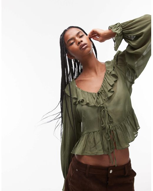 Mango Green Ruffle Tie Front Top