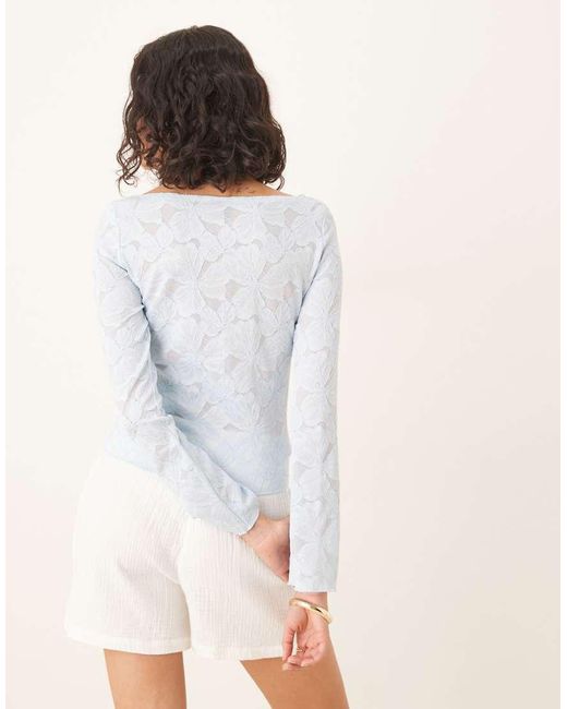 Gina Tricot Natural Sheer Structured Long Sleeve Lace Jersey Top With Fluted Sleeves