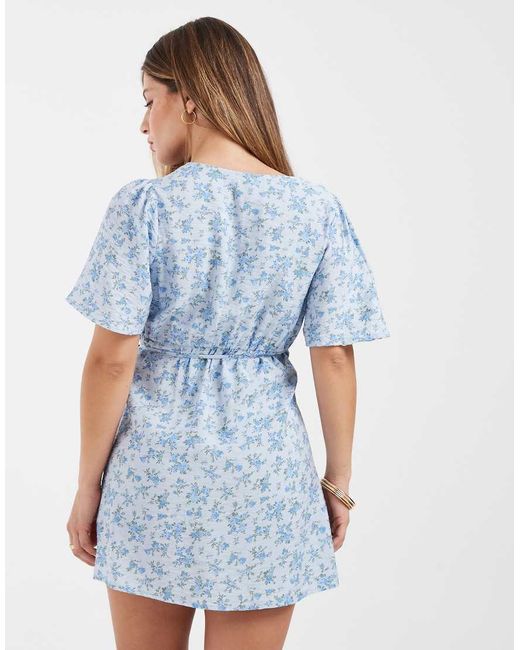 Vero Moda Blue Flutter Sleeve Wrap Front Mini Dress