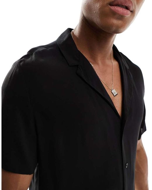 ASOS Black Loose Fit Viscose Shirt With Deep Revere Collar for men