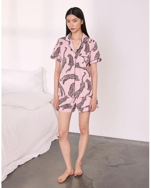 Chelsea Peers Pink Cotton Lino Cut Leopard Print Short Pyjama Set