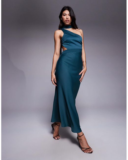 ASOS Blue One Shoulder Satin Midi Dress With Neck Sash