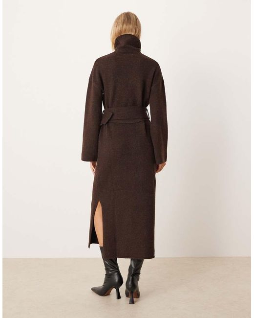 Pretty Lavish Brown Knitted Tie Waist Roll Neck Leg Split Midaxi Dress