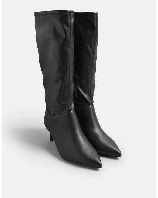 Yours Clothing Black Faux Leather Pointed Kitten Heel Boots