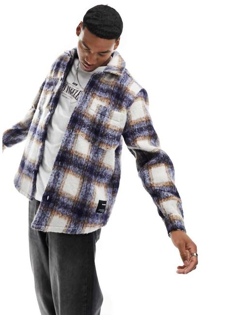 Pull&Bear Blue Checked Textured Overshirt for men