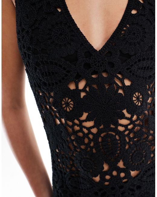Mango Black Crochet V Neck Midi Dress