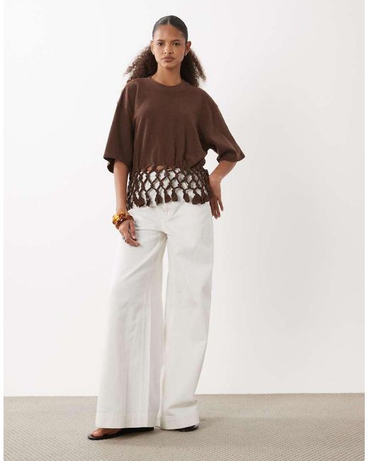 ASOS Brown Boxy T-Shirt With Macrame Hem