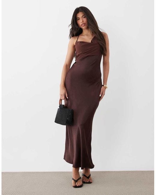 4th & Reckless Red Chiffon Cowl Neck Cross Back Cami Satin Maxi Dress