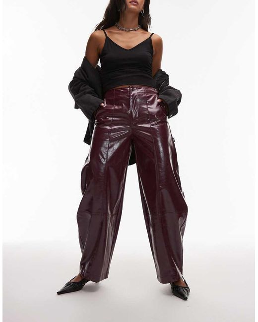 ASOS Red Faux Leather Barrel Leg Trousers With Tab Detail