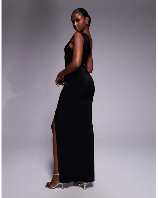 Kaiia Exclusive Double Layered Slinky One Shoulder Eyelet Detail Thigh Split  Maxi Dress in Black | Lyst