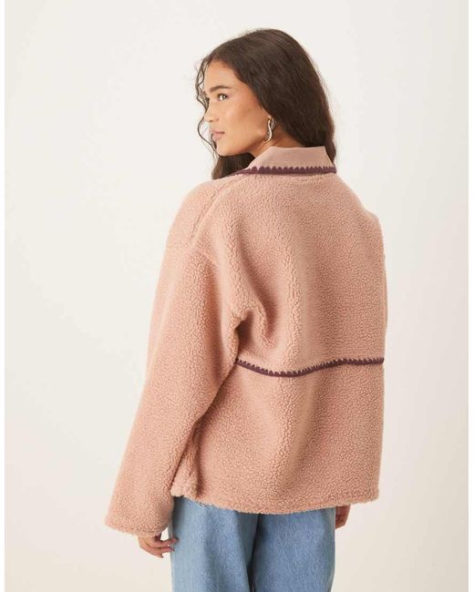 ASOS Natural Borg Fleece Pullover Sweat With Blanket Stitch Detail