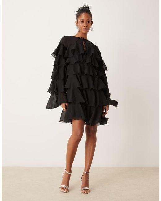 ASOS Black Chiffon Tiered Frill Long Sleeve Mini Dress