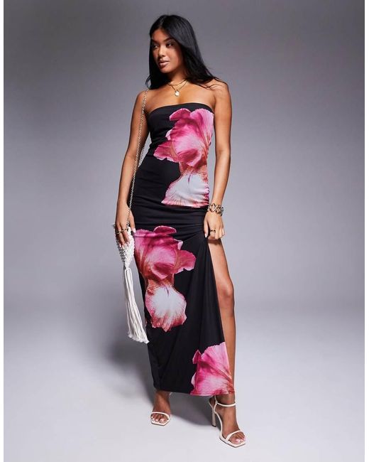 Kaiia White Exclusive Double Layered Slinky Mesh Floral Thigh Split Bandeau Maxi Dress