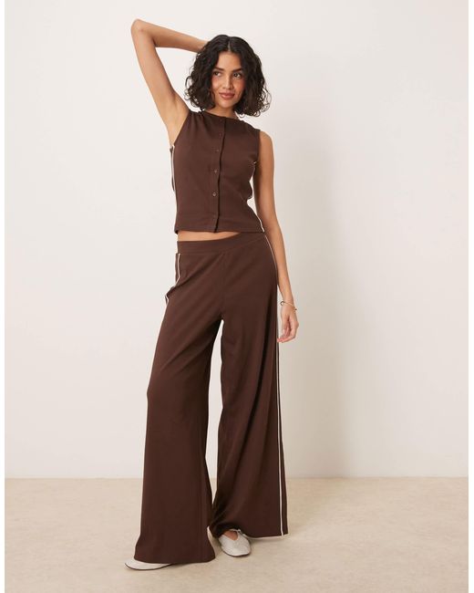 ASOS Brown Co-ord Crew Neck Button Up Top With Contrast Piping