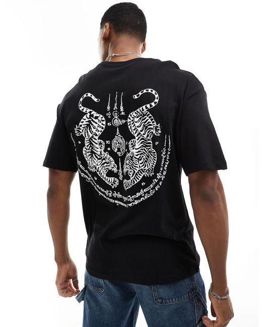 Jack & Jones Black Oversized T-shirt With Tiger Back Print for men