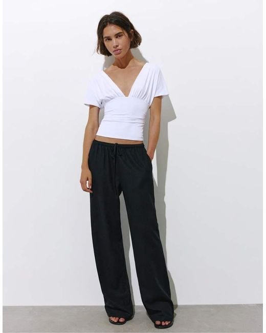 Pull&Bear White Gathered V-Neck Top