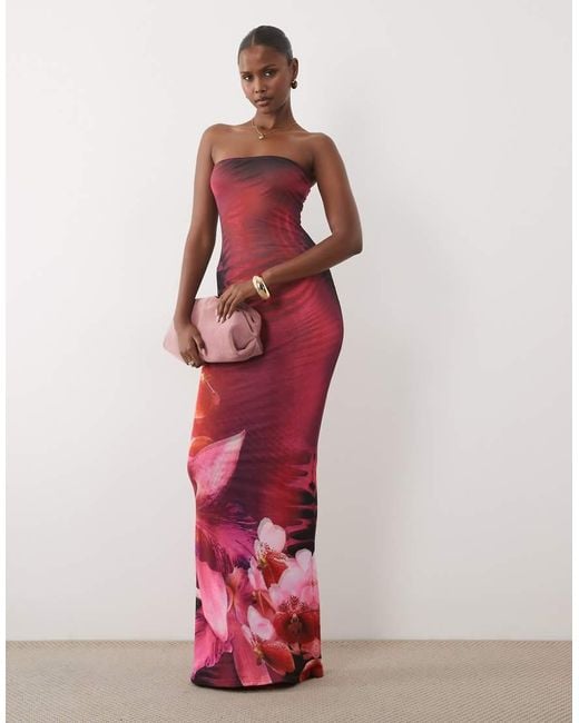Murci Red Mesh Bandeau Fishtail Bodycon Maxi Dress