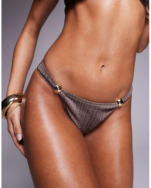 ASOS Brown Tayla Tanga Bikini Bottom With Gold Bead Trim