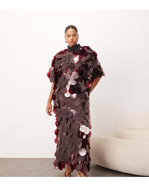 ARRANGE Red Curve High Neck Disc Sequin Fringe Hem Maxi Dress