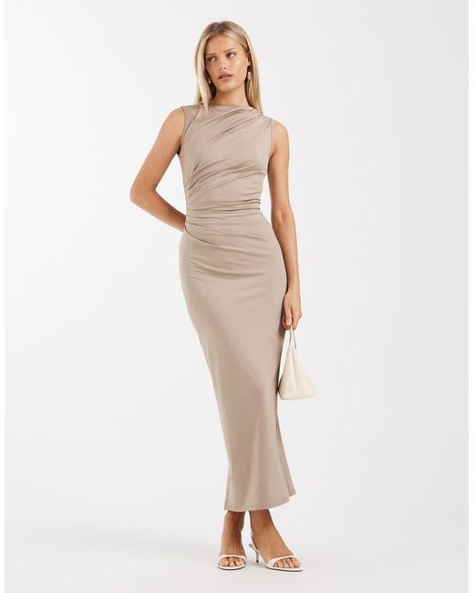 4th & Reckless Natural Slinky Sleeveless Ruched Slash Neck Maxi Dress