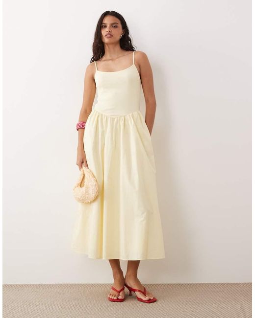 Nobody's Child Natural Madelyn Ribbed Bodice Ruched Skirt Cami Midi Dress