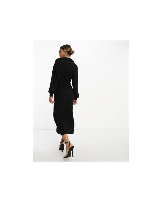 ASOS Black Textured Collared Wrap Midi Dress