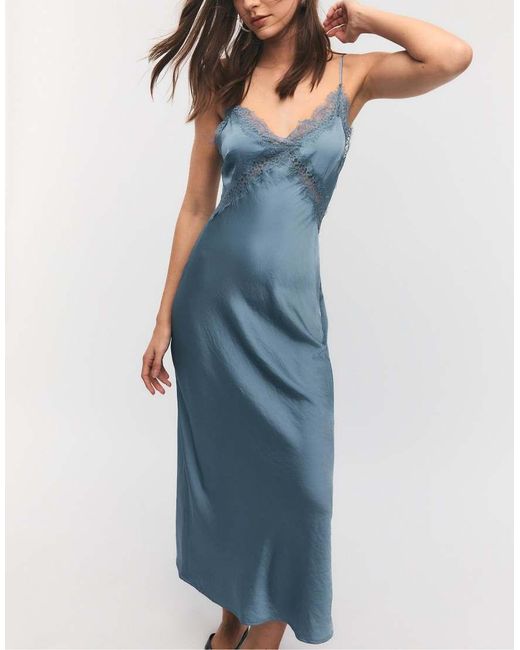 Stradivarius Blue Satin Midi Dress With Lace