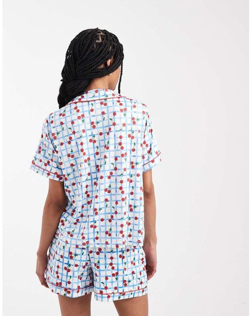Threadbare Blue Button Down Super Soft Short Pyjama Set With Cherry Print