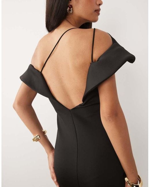 ASOS Black Twist Bardot Midi Dress With Corsage Back Detail
