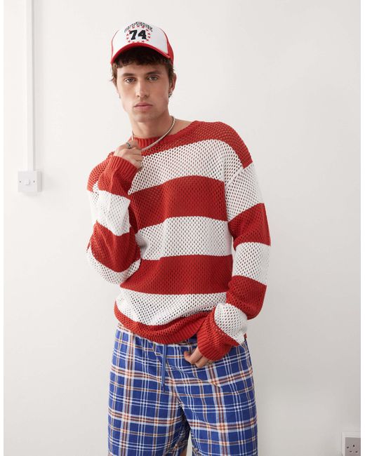 Collusion Red Knitted Crotchet Stripe Jumper for men