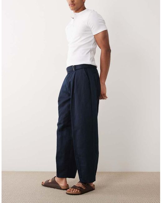 ASOS Blue Linen Rich Tailored Belted Wide Barrel Leg Trousers for men