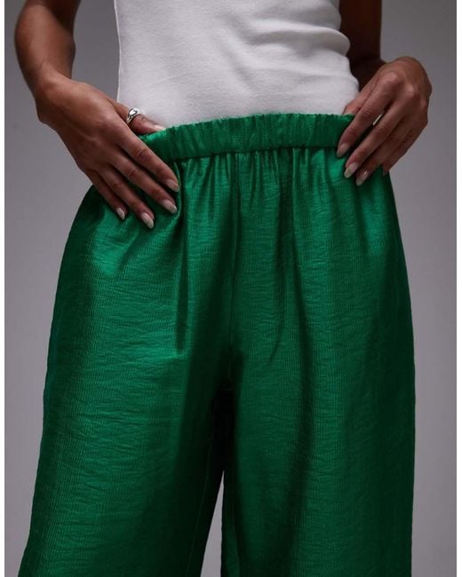 TOPSHOP Green Textured Satin Straight Leg Drawcord Trouser